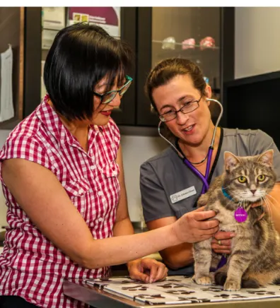 Dr. Johanna Hume with a Client and a Brown Cat
